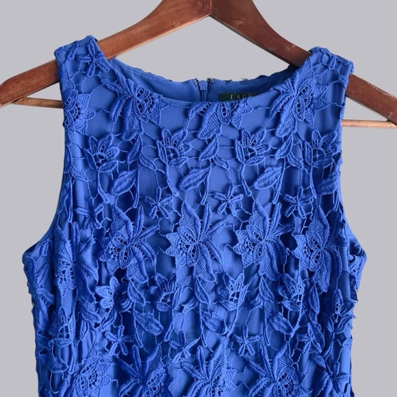 Ralph Lauren Cobalt Blue Floral Overlay Lined Dress Size 4 - Picture 4 of 16